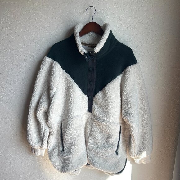 Free People Fall To Rise Fleece Quarter Snap Sweater Ivory Green Size L - Picture 1 of 10